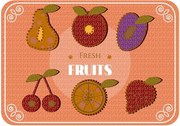 Frutas frescas sobre fondo punteado cereza, pera, manzana, ciruela, rodaja de limón, fresa — Vector de stock