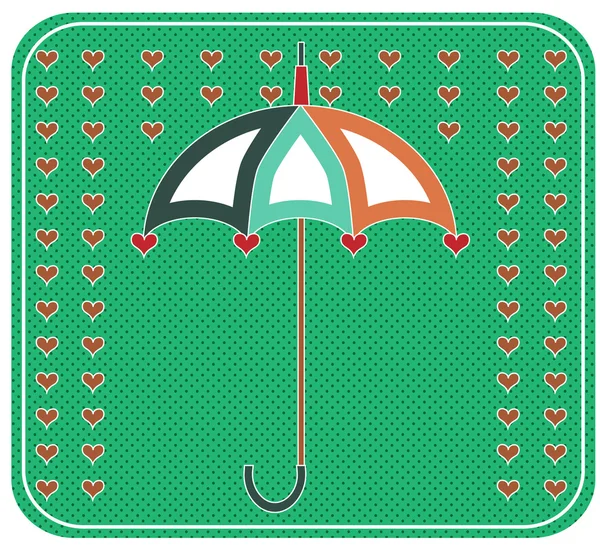 Yellow umbrella with red hearts, retro design, dotted background — Stock Vector