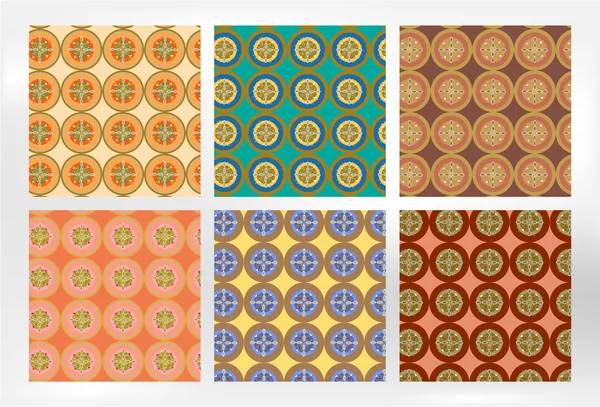 Conjunto retro de seis patrones florales: azul, naranja, marrón, amarillo, rosa — Vector de stock
