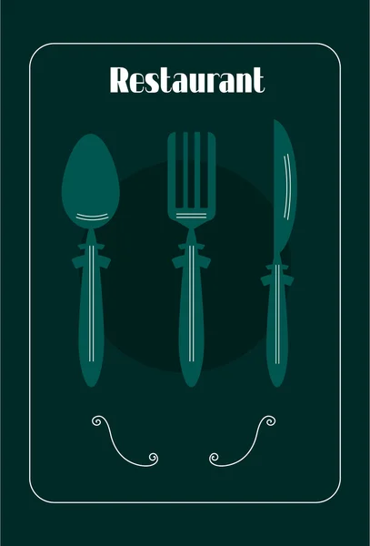 Carte de menu avec cuillère, couteau et fourchette, texte Restaurant — Image vectorielle