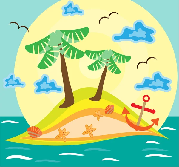 Красочный летний фон, карта с двумя пальмами, огромное солнце и птицы — стоковый вектор