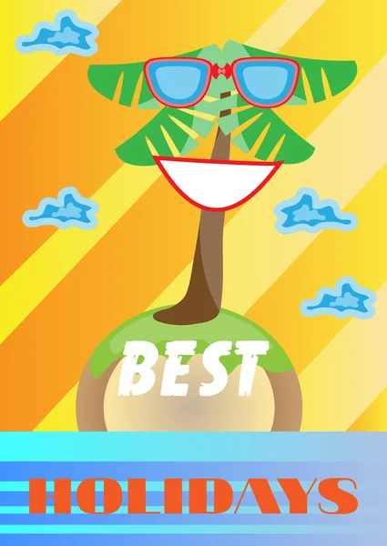 Красочный летний фон, открытка с улыбающейся пальмой в солнцезащитных очках и тексте — стоковый вектор