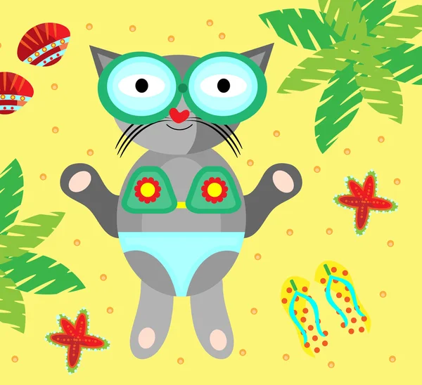 Büyük Gri kedi yalan ve güneş gözlüğü takıyor güneşlenenbirileri varsa sahilde,