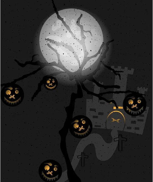 Tarjeta de Halloween con calabazas negras, castillo y gris, luna enorme — Vector de stock