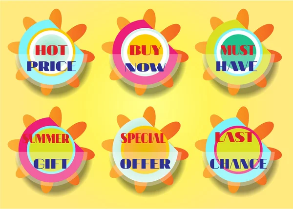 Set of six stickers, text - best price, buy now, must have, special gift, special offer, last chance — Stock Vector