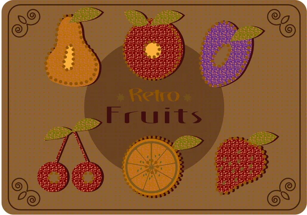 Frutas retro sobre fondo punteado cereza, pera, manzana, ciruela, rodaja de limón, fresa con texto — Vector de stock