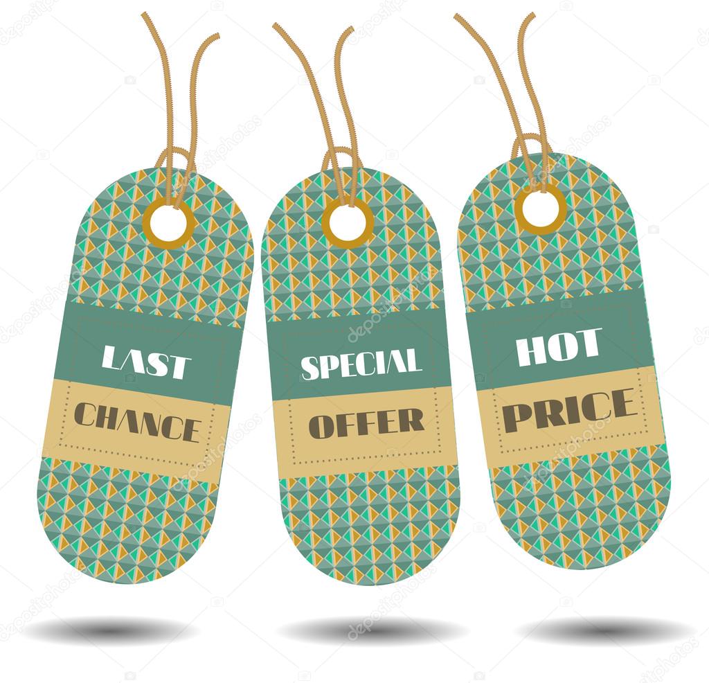 Set of three, green hanging stickers with text Last Chance, Special Offer, Hot Price