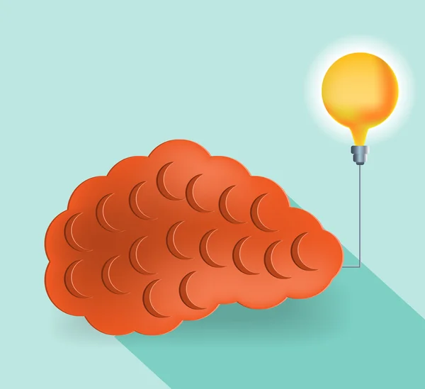 Card with orange brain and yellow lightbulb, flat style — Stock Vector