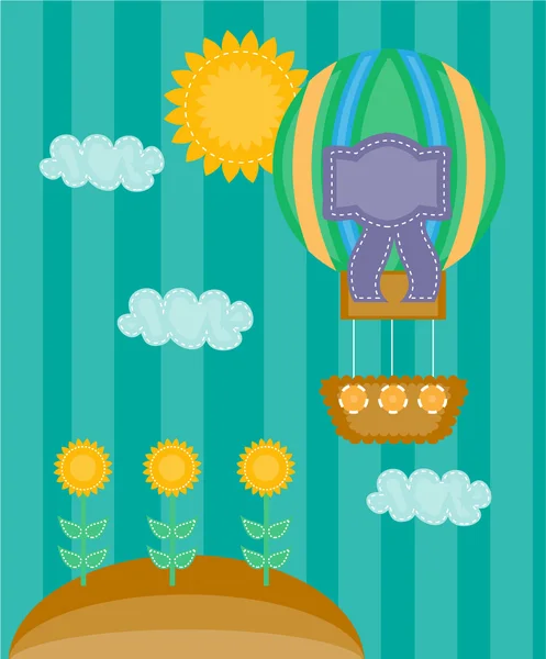 Kleurrijke zomer achtergrond, kaart met gestreepte ballon en zonnebloemen — Stockvector