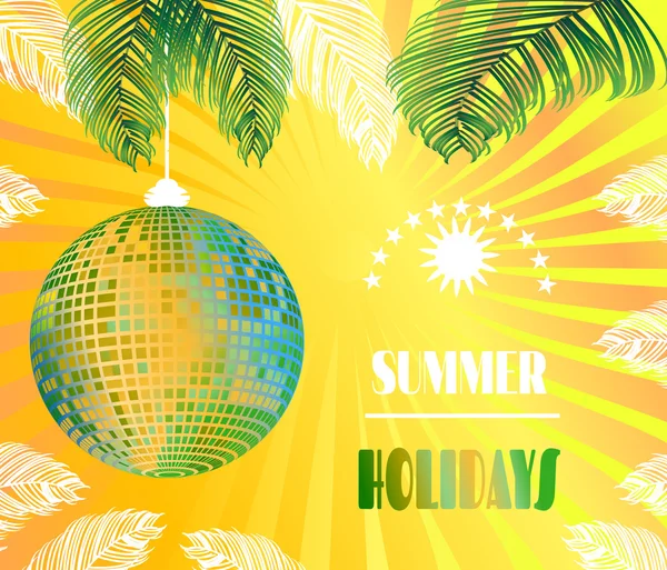 Карточка - красочный летний фон с пальмовыми листьями, солнцем и текстом — стоковый вектор