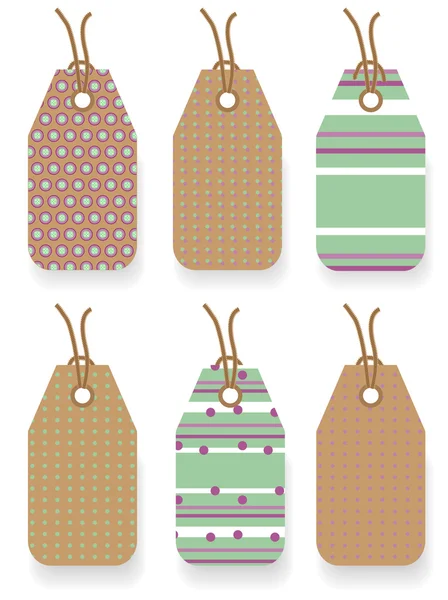 Set van zes stickers met naadloze patroon - bruin, groen, violet — Stockvector