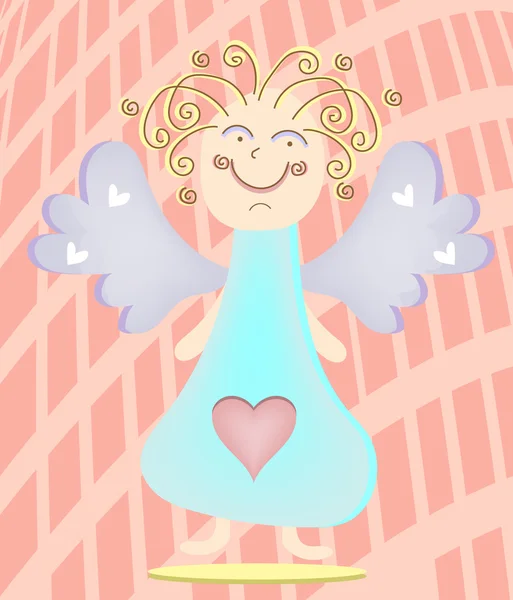 Blonder Engel mit violetten Flügeln, blaues Kleid mit großem, rotem Herzen — Stockvektor