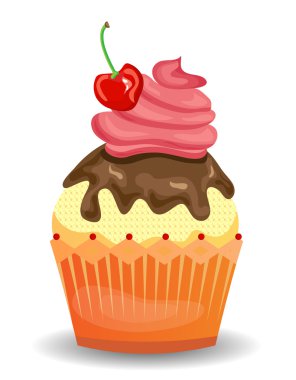 Kırmızı chrry ve krem beyaz arka plan üzerinde renkli, izole cupcake