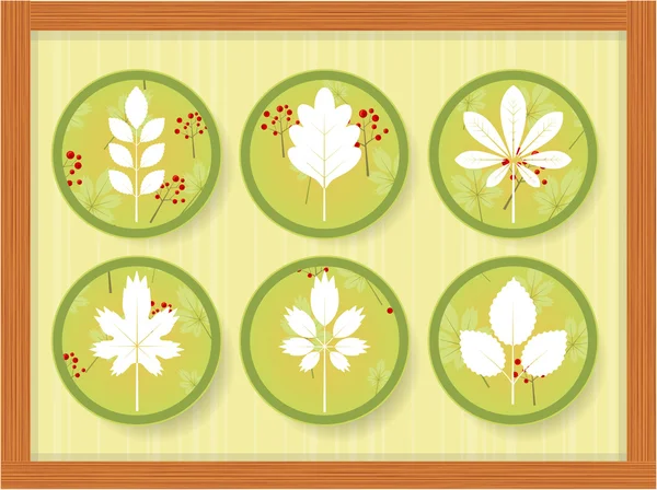 Sechs Ikonen mit verschiedenen Blättern in einem Holzrahmen — Stockvektor