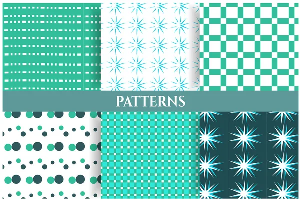 Conjunto de seis patrones azules, blancos, sin costuras — Vector de stock