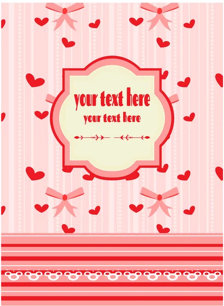 Birthday, bridal pink, red card with pattern - bows and hearts, text — Stock Vector