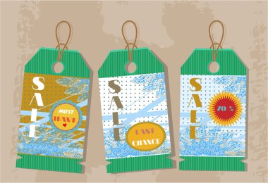 Çiçekler, desen ve metin, retro tarzı ile üç, yeşil çıkartmaları kümesi