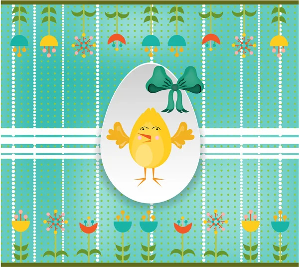 Easter card with egg, chick and flowers on dotted background — Stock Vector