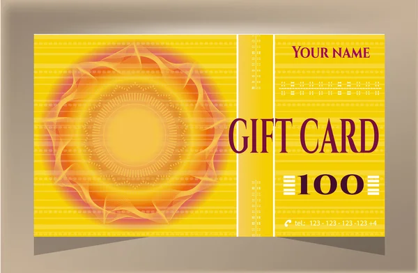 Elegante, gepunktete, gelbe Geschenkkarte mit Text und riesiger Sonne — Stockvektor