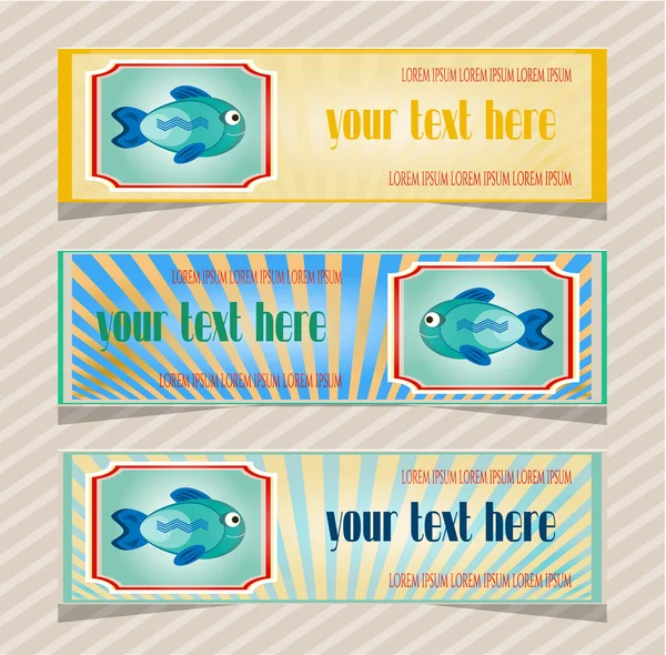 Set, colección de tres banners, azules, amarillos, retro con peces y texto — Vector de stock