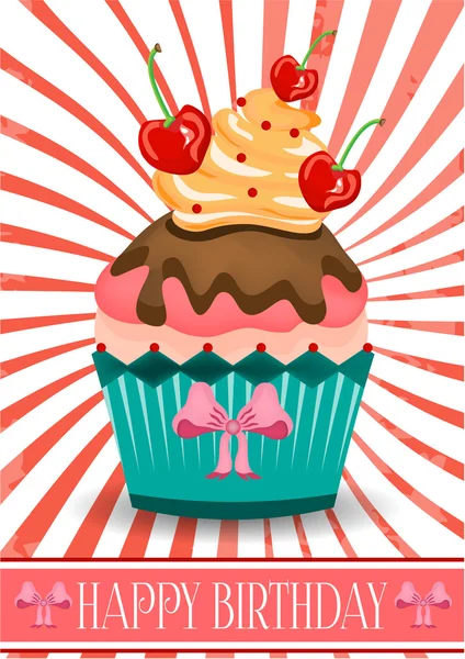 Beautiful birthday card with cupcake with cream, cherries, bow and text Happy Birthday, striped background — Stock Vector