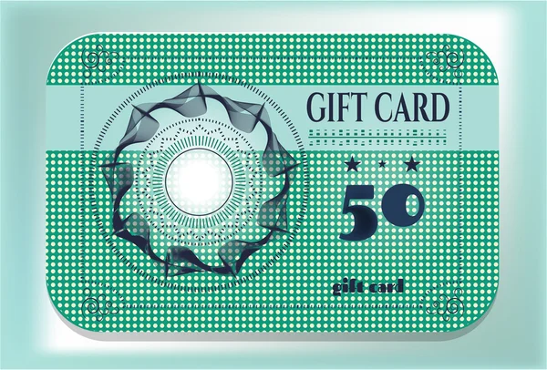 Elegante, punteado, tarjeta de regalo verde con formas de texto y azul, diseño retro — Vector de stock