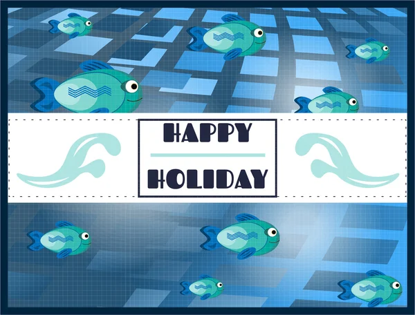 Card with many blue fishes, pattern and text Happy Holiday — Stock Vector