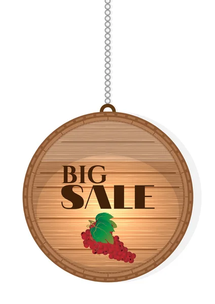 Bir, izole, asılı, ahşap, yuvarlak yeşil yaprak, metin büyük satış üzüm işareti - kırmızı şarap