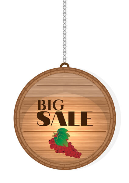 Один, изолированный, висячий, деревянный, круглый знак - красное вино винограда с зеленым листом, текст Big Sale
