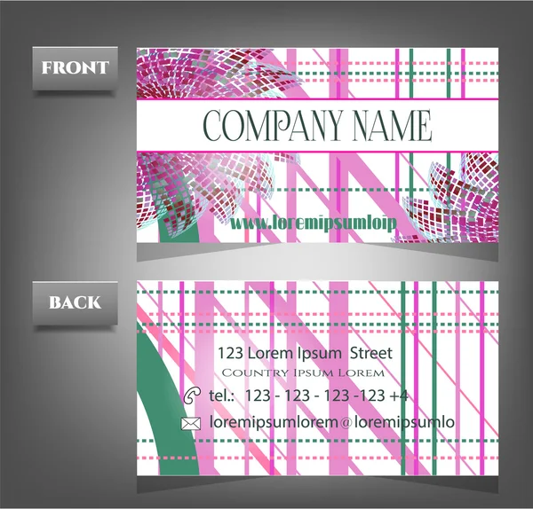 Romantic, pink, green business card - front, back with pattern, flowers and text — Stock Vector