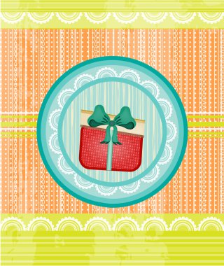 Yellow, orange, striped card with dotted, red gift with blue bow, grunge, retro design