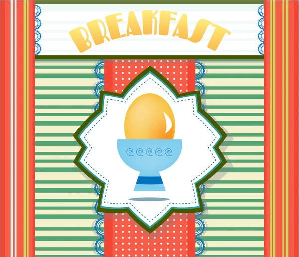 Colorful, striped card with yellow egg, text Breakfast, retro design — Stock Vector