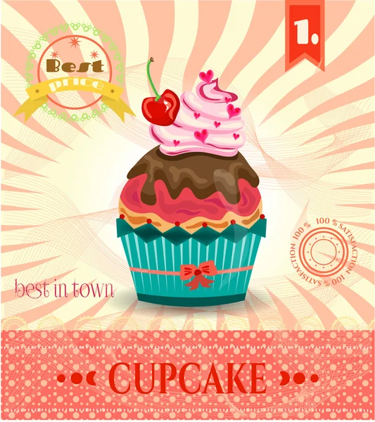 Colored card with cupcake with red cherry, bow, pink hearts, striped background, pattern, text