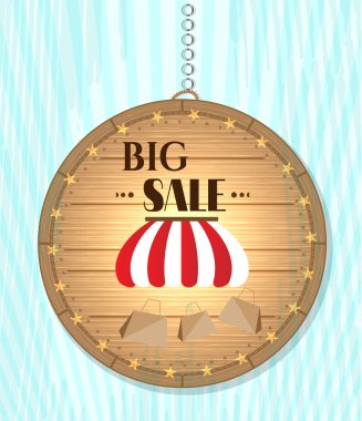 Bir, izole, asılı, ahşap, yuvarlak işareti - çizgili tenteli, alışveriş torbaları, metin büyük bir indirim var