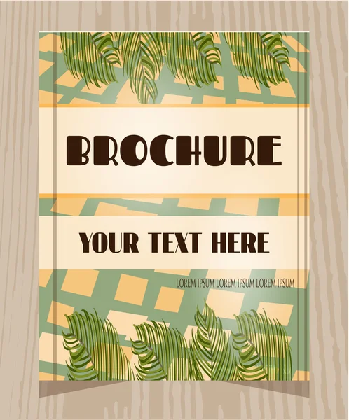 Όμορφη, vintage φυλλάδιο με σχέδιο και πράσινο palm φύλλα, κείμενο, αναδρομικό σχέδιο — Διανυσματικό Αρχείο