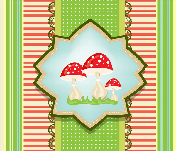 Beautiful striped and dotted card with three red toadstools and green grass, retro design — Stock Vector