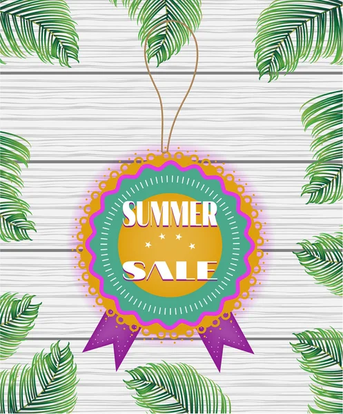 Um adesivo bonito, colorido, arredondado com texto Summer Sale em branco, fundo de madeira com folhas de palma verde Ilustração De Stock
