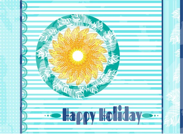 Vintage, cartolina estiva con sole giallo, motivo, foglie di palma bianca e testo Happy Holiday, design retrò — Vettoriale Stock