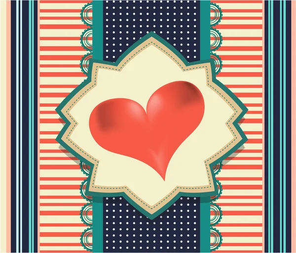 Vintage, striped valentines card with huge, red heart, retro design — Stock Vector