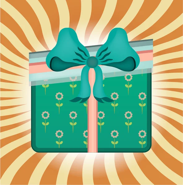 Vintage, verde, tarjeta de rayas con regalo con patrón flores, con lazo azul, diseño retro — Vector de stock