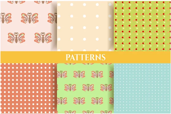 Set van vintage, natuurlijke, naadloze patronen met vlinders en stippen, retro design — Stockvector