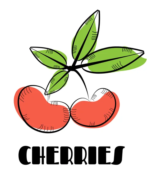 Vintage, geïsoleerde pictogram van rode kersen met groene bladeren, retro ontwerp, tekst, witte achtergrond — Stockvector