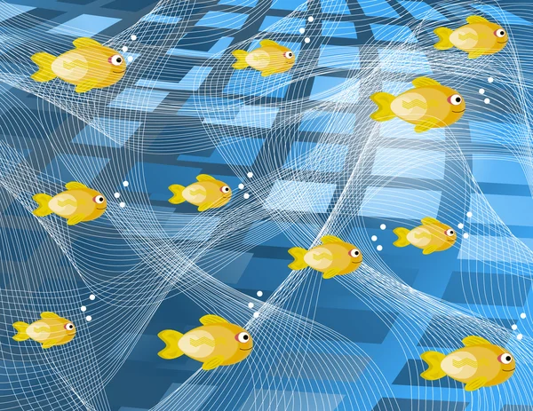 Çok sayıda Yüzme, altın balıklar ile kartı. Basit mavi şekiller tarafından kurulan deniz.