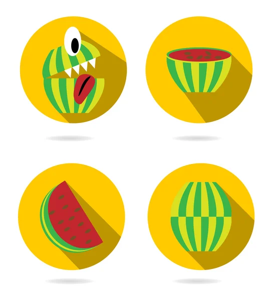 Conjunto, colección, grupo de cuatro aislados, planos, botones de colores, iconos, signos, etiquetas, pegatinas con melones — Vector de stock