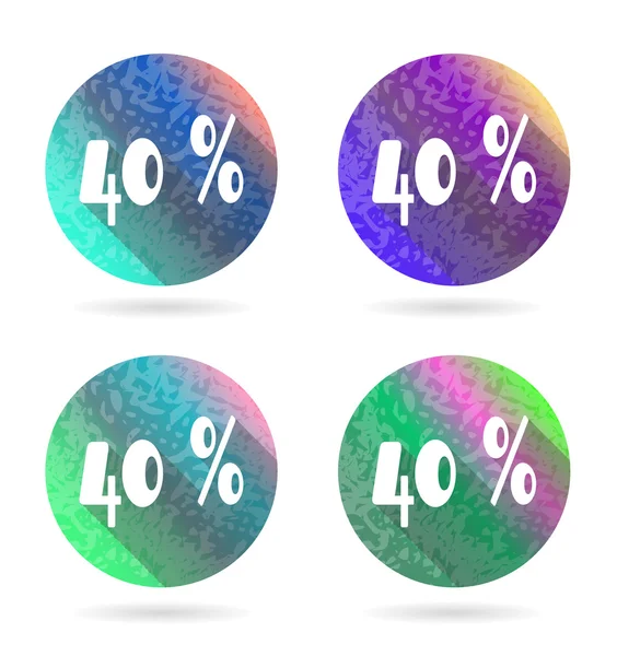 Set, collection, group of four isolated, flat, colorful buttons, icons, signs, labels, stickers, forty percent discount, sale — Stock Vector