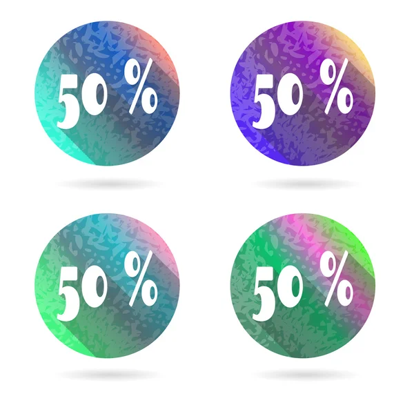 Set, collection, group of four isolated, flat, colorful buttons, icons, signs, labels, stickers, fifty percent discount, sale — Stock Vector