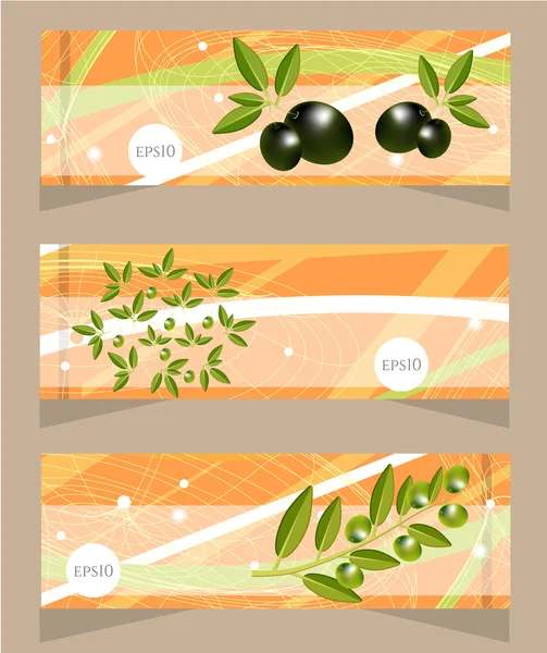 Set, collezione di tre striscioni arancioni, moderni con motivo e olive e ramoscello di olive — Vettoriale Stock