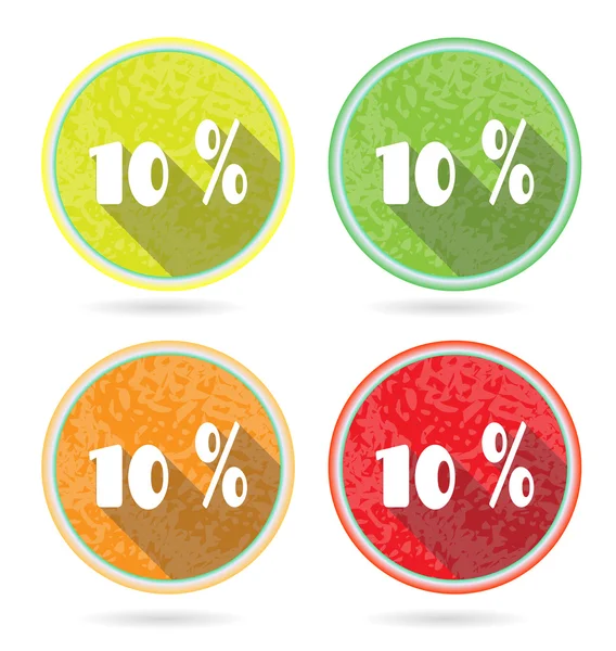 Set, collection, group of four isolated, flat, colorful buttons, icons, signs, labels, stickers, 10 percent discount, sale — Stock Vector