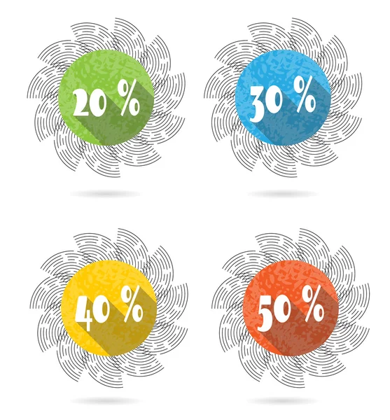 Küme, koleksiyon, grup dört izole, güneş, düz, renkli düğmeler, simgeler, işaretler, Etiketler, çıkartmalar, 20, 30, 40, yüzde 50 indirim, Satılık