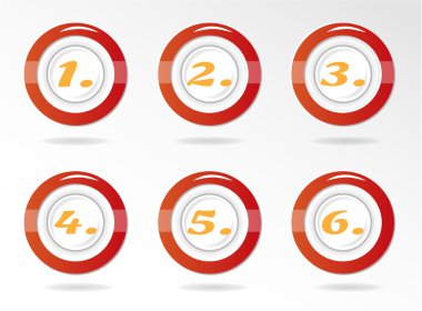 Küme, koleksiyon altı, izole, yuvarlak, kırmızı, simgeler, düğmeler ile portakal numaraları - bir, iki, üç, dört, beş, altı - 1,2,3,4,5,6